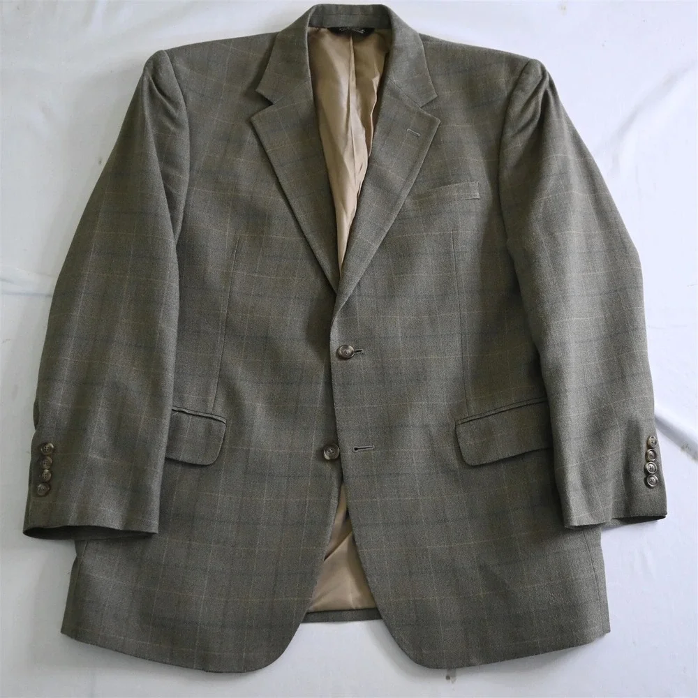 Jos A Bank 44R Green Windowpane Check‎ Silk Wool Blazer Jacket Sport Coat
